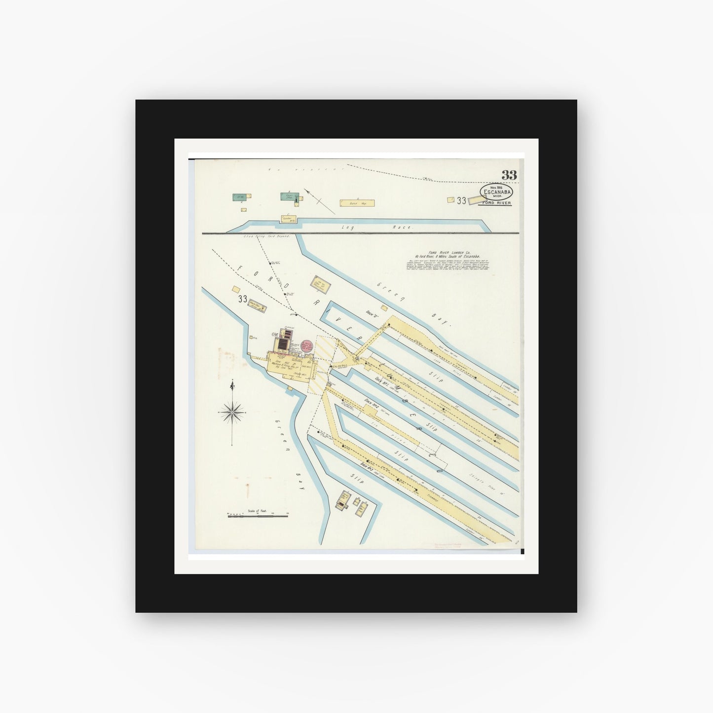 Old map wall art mockup — black gallery frame with white mat — Sanborn Fire Insurance Map from Escanaba, Delta County, Michigan (1906), Sheet #0033