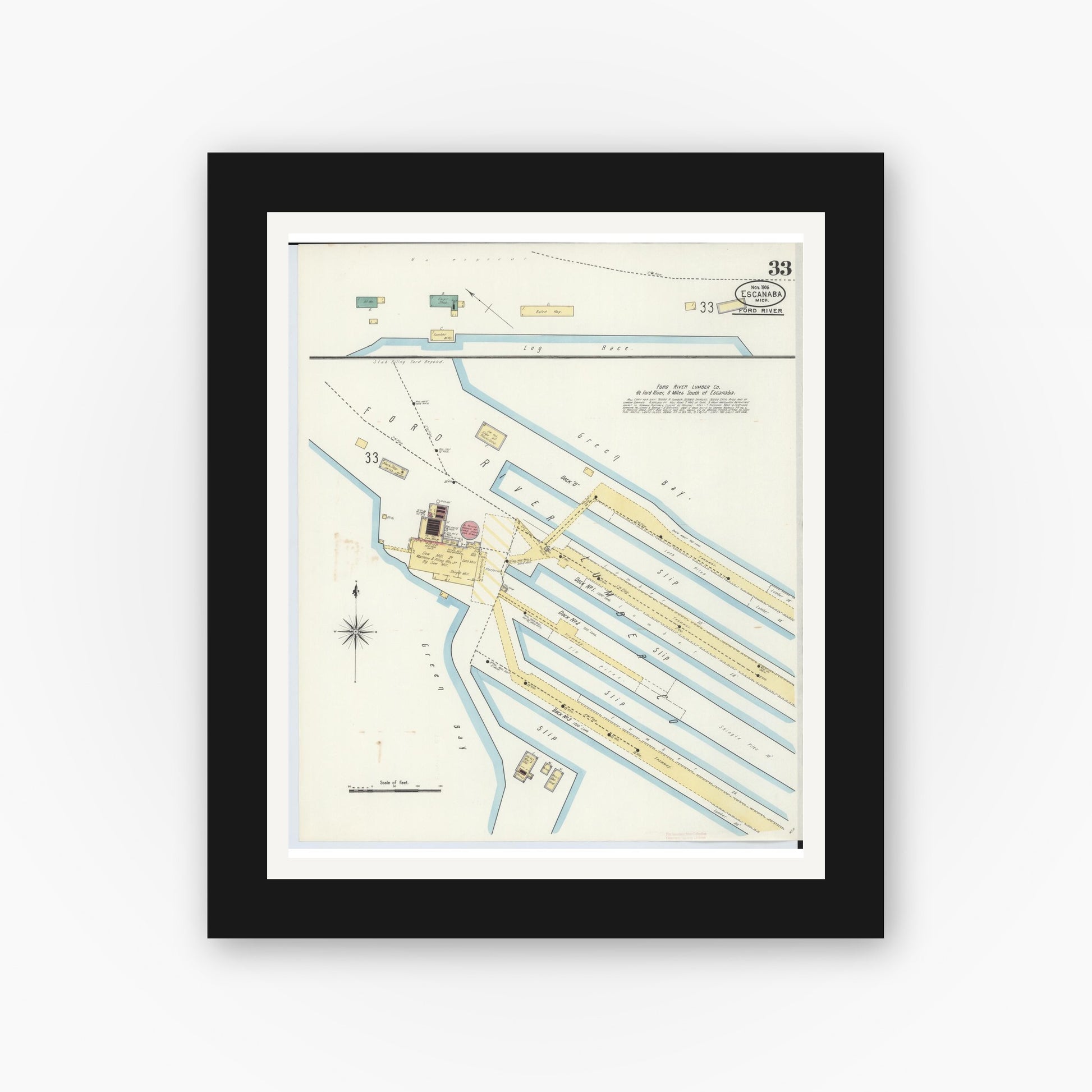 Old map wall art mockup — black gallery frame with white mat — Sanborn Fire Insurance Map from Escanaba, Delta County, Michigan (1906), Sheet #0033