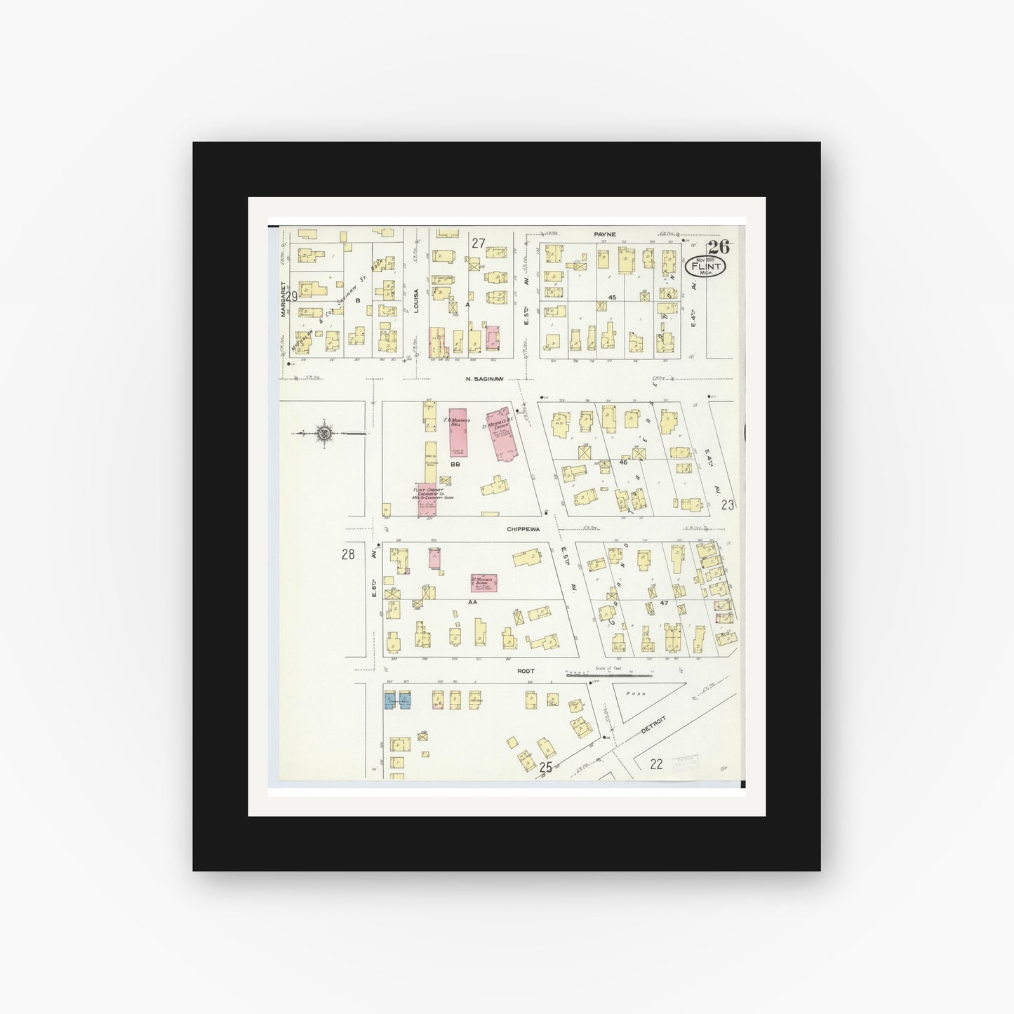 Old map wall art mockup — black gallery frame with white mat — Sanborn Fire Insurance Map from Flint, Genesee County, Michigan (1909), Sheet #0026