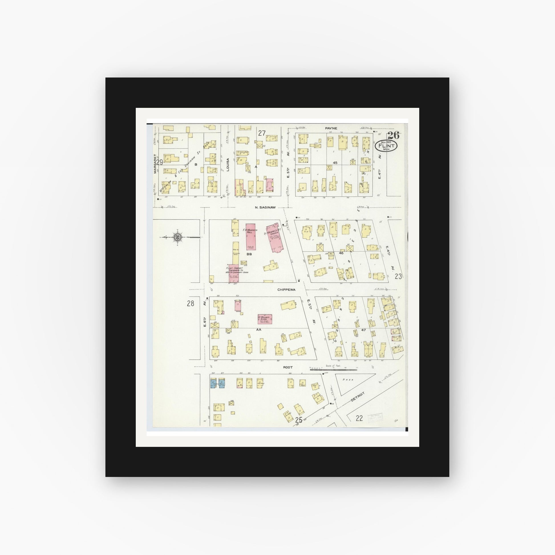 Old map wall art mockup — black gallery frame with white mat — Sanborn Fire Insurance Map from Flint, Genesee County, Michigan (1909), Sheet #0026