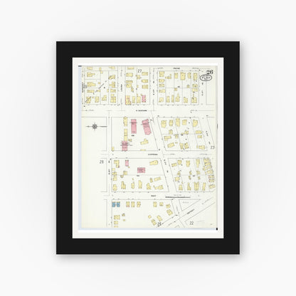 Old map wall art mockup — black gallery frame with white mat — Sanborn Fire Insurance Map from Flint, Genesee County, Michigan (1909), Sheet #0026