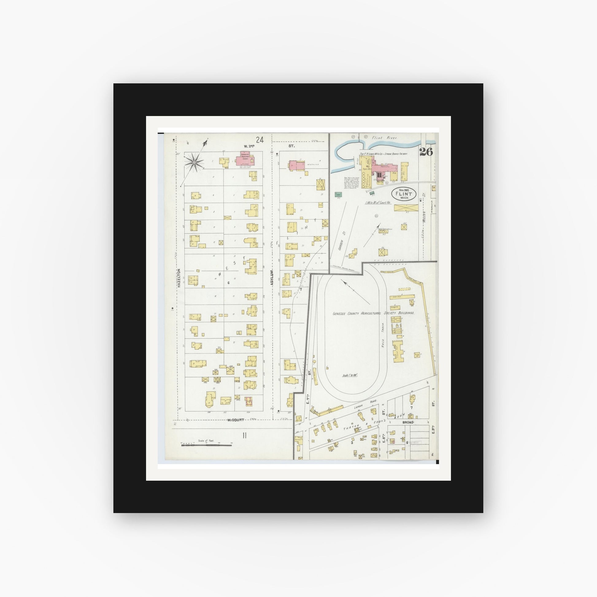 Old map wall art mockup — black gallery frame with white mat — Sanborn Fire Insurance Map from Flint, Genesee County, Michigan (1902), Sheet #0026