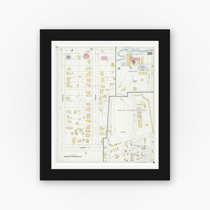 Old map wall art mockup — black gallery frame with white mat — Sanborn Fire Insurance Map from Flint, Genesee County, Michigan (1902), Sheet #0026
