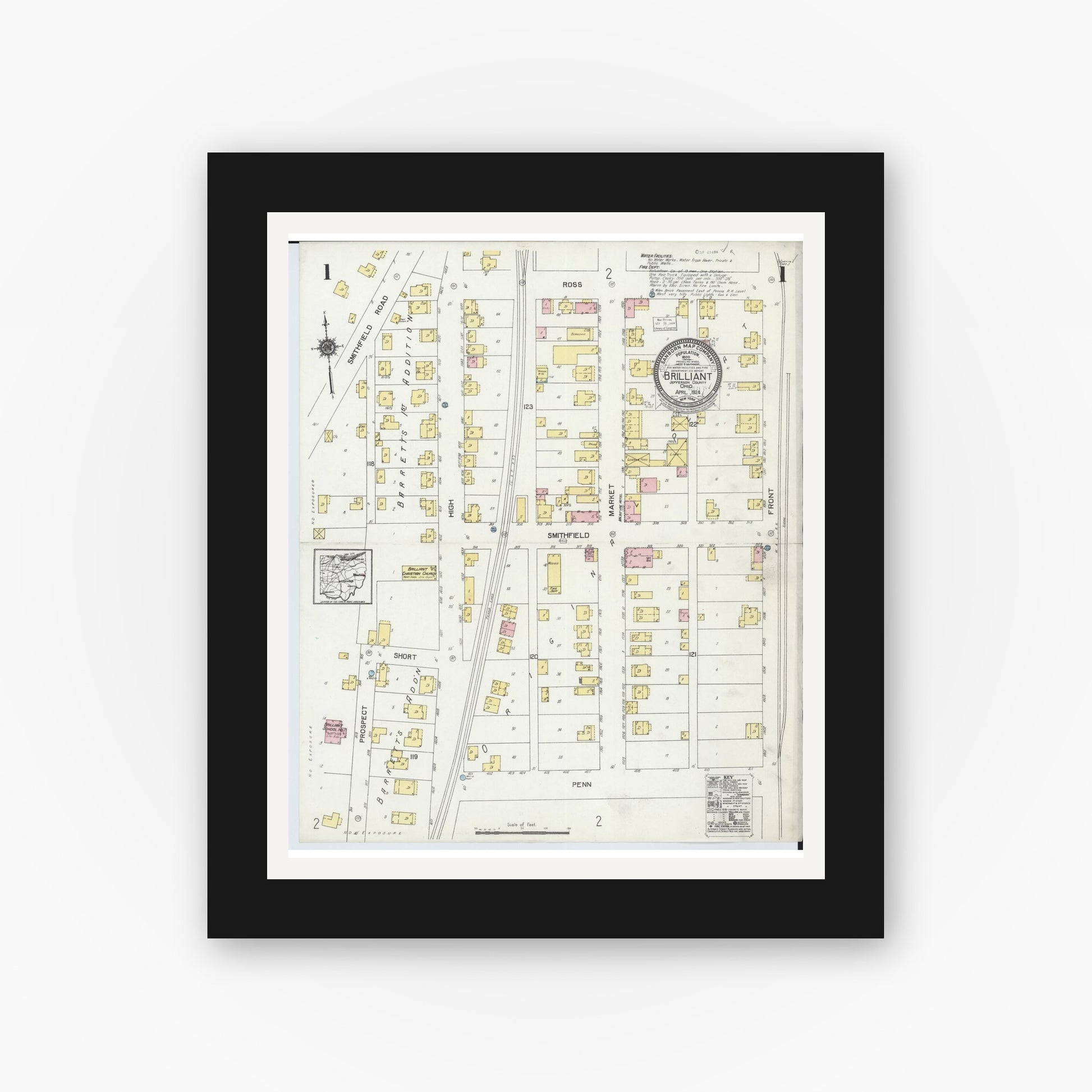 Old map wall art mockup — black gallery frame with white mat — Sanborn Fire Insurance Map from Brilliant, Jefferson County, Ohio (1924), Sheet #0001