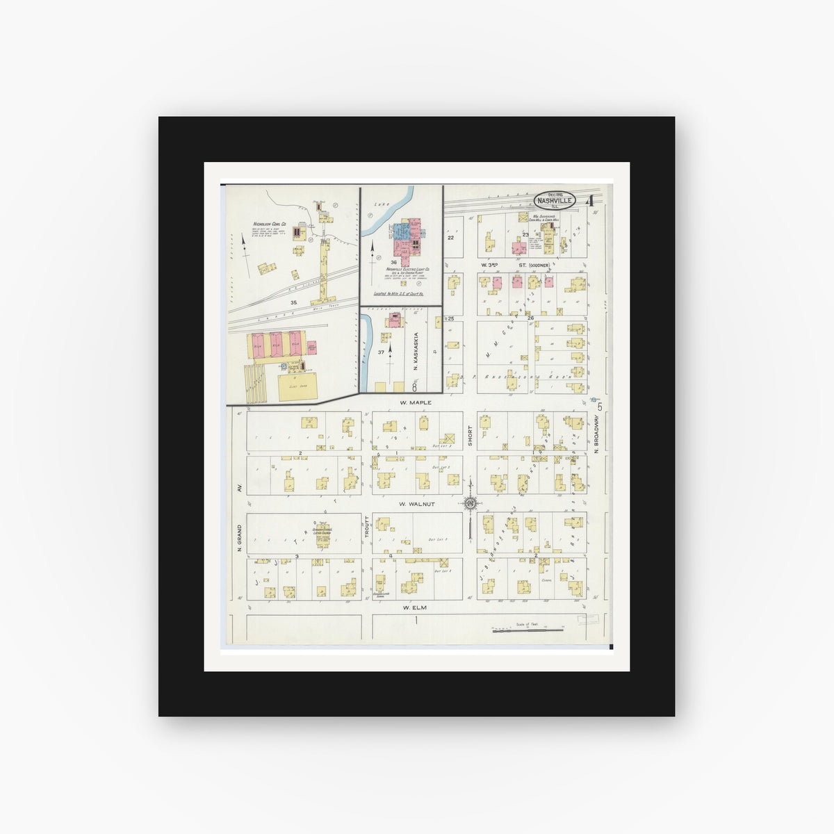 Old map wall art mockup — black gallery frame with white mat — Sanborn Fire Insurance Map from Nashville, Washington County, Illinois (1915), Sheet #0004