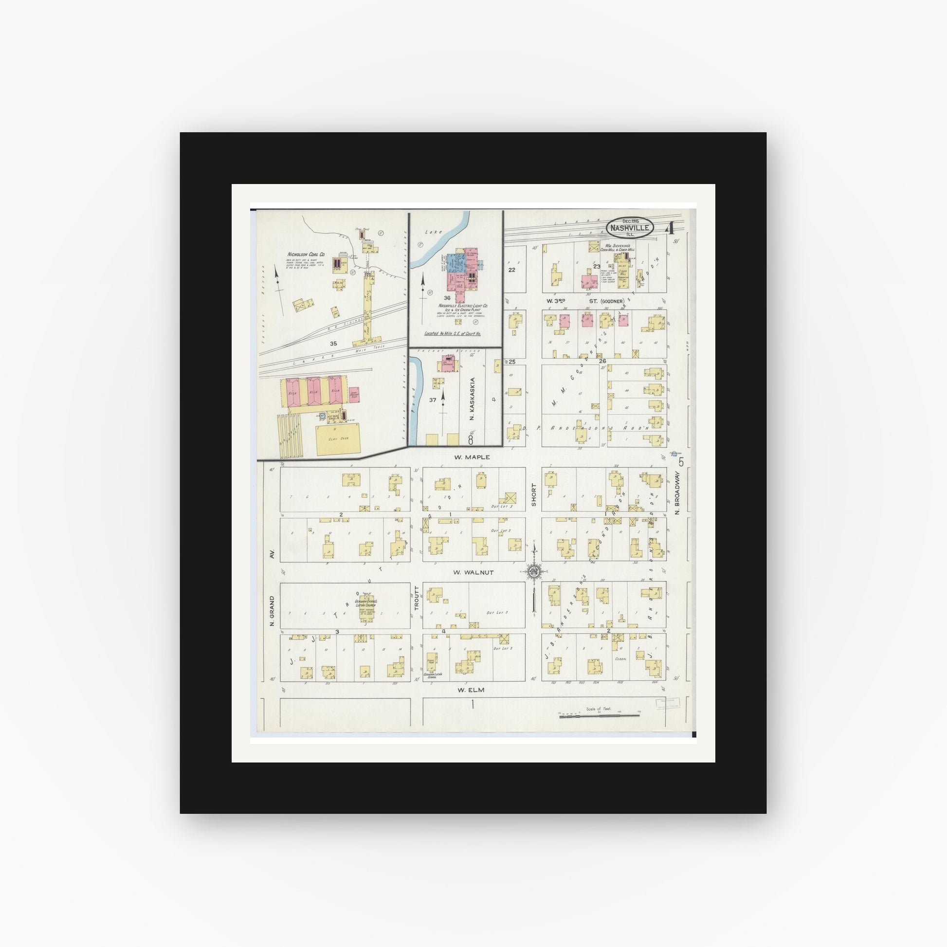 Old map wall art mockup — black gallery frame with white mat — Sanborn Fire Insurance Map from Nashville, Washington County, Illinois (1915), Sheet #0004