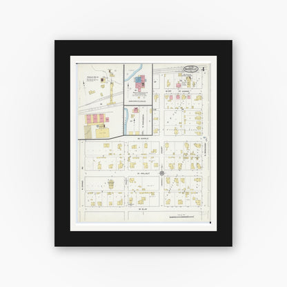 Old map wall art mockup — black gallery frame with white mat — Sanborn Fire Insurance Map from Nashville, Washington County, Illinois (1915), Sheet #0004