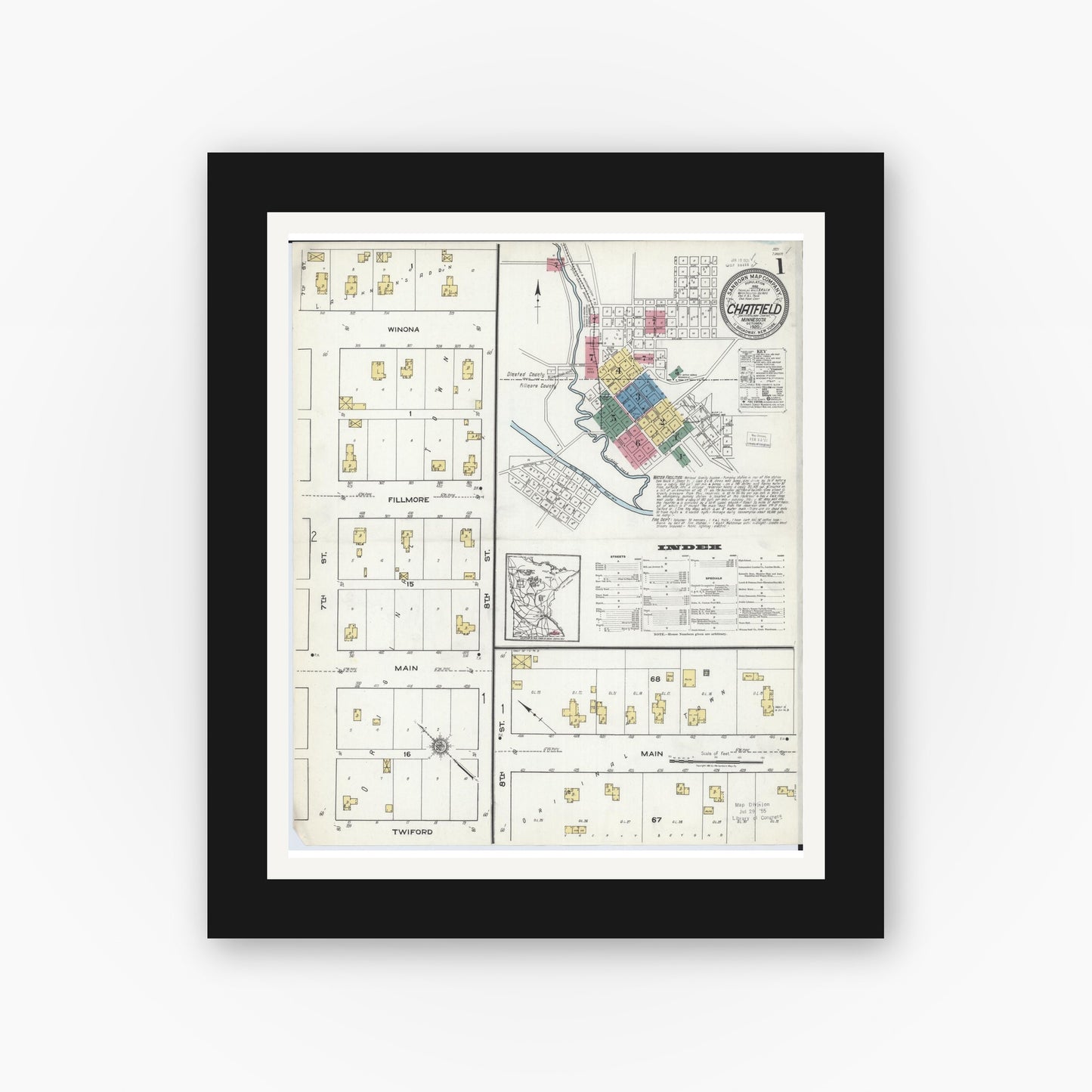 Old map wall art mockup — black gallery frame with white mat — Sanborn Fire Insurance Map from Chatfield, Fillmore And Olmsted Counties, Minnesota (1920) - Complete Map Set
