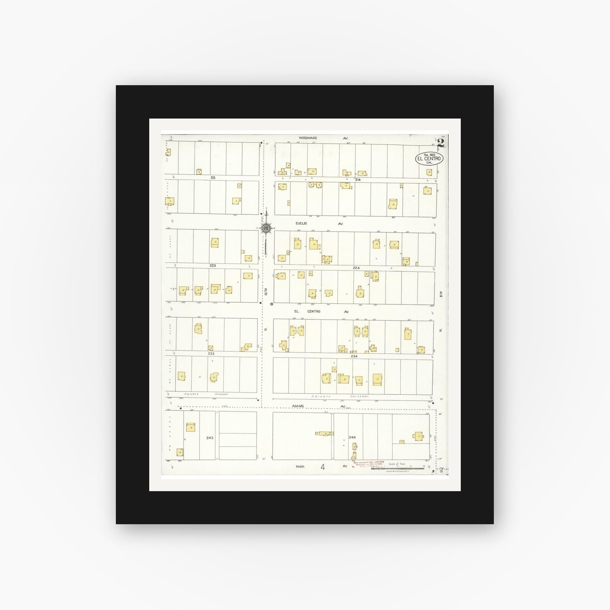 Old map wall art mockup — black gallery frame with white mat — Sanborn Fire Insurance Map from El Centro, Imperial County, California (1922), Sheet #0002