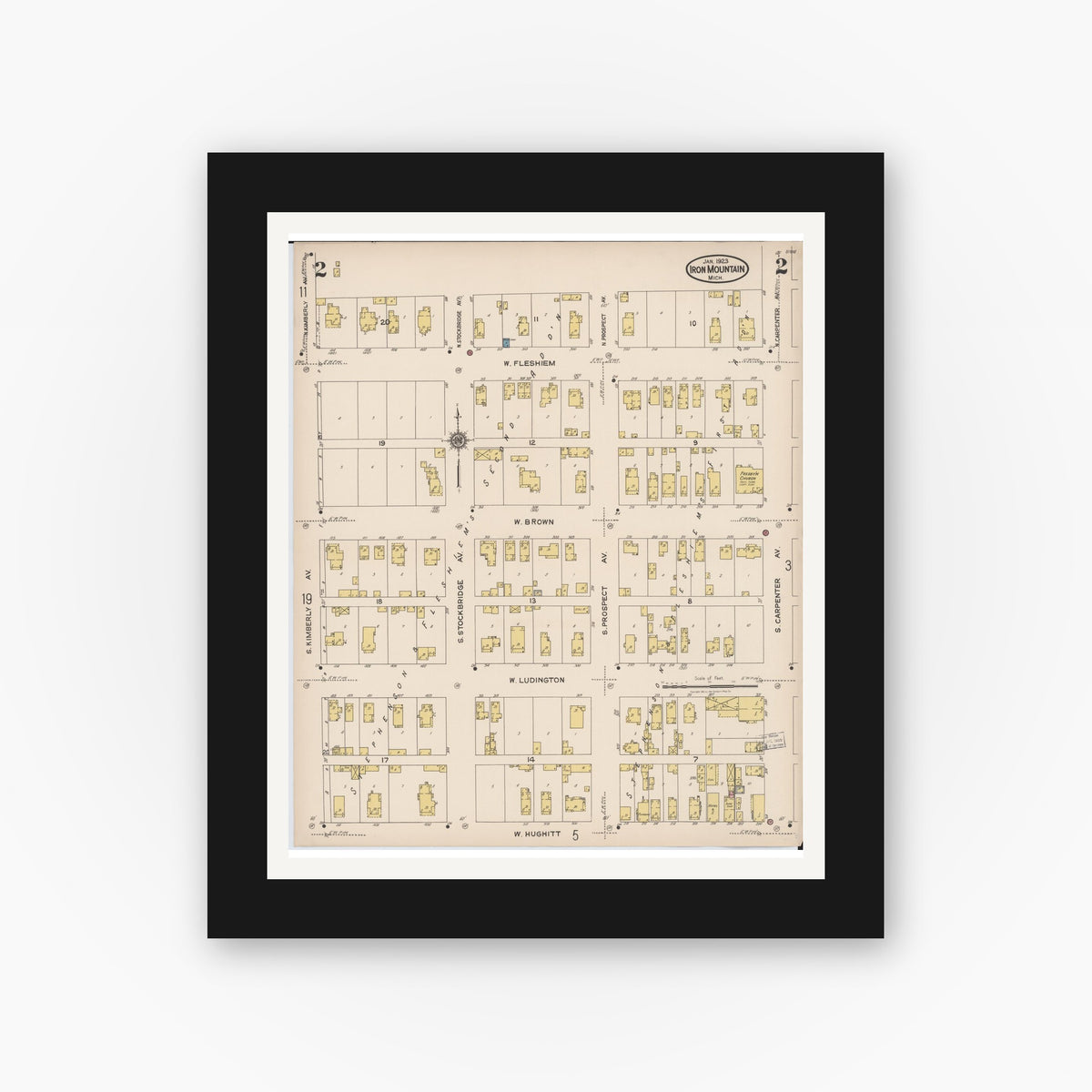 Old map wall art mockup — black gallery frame with white mat — Sanborn Fire Insurance Map from Iron Mountain, Dickinson County, Michigan (1923), Sheet #0002