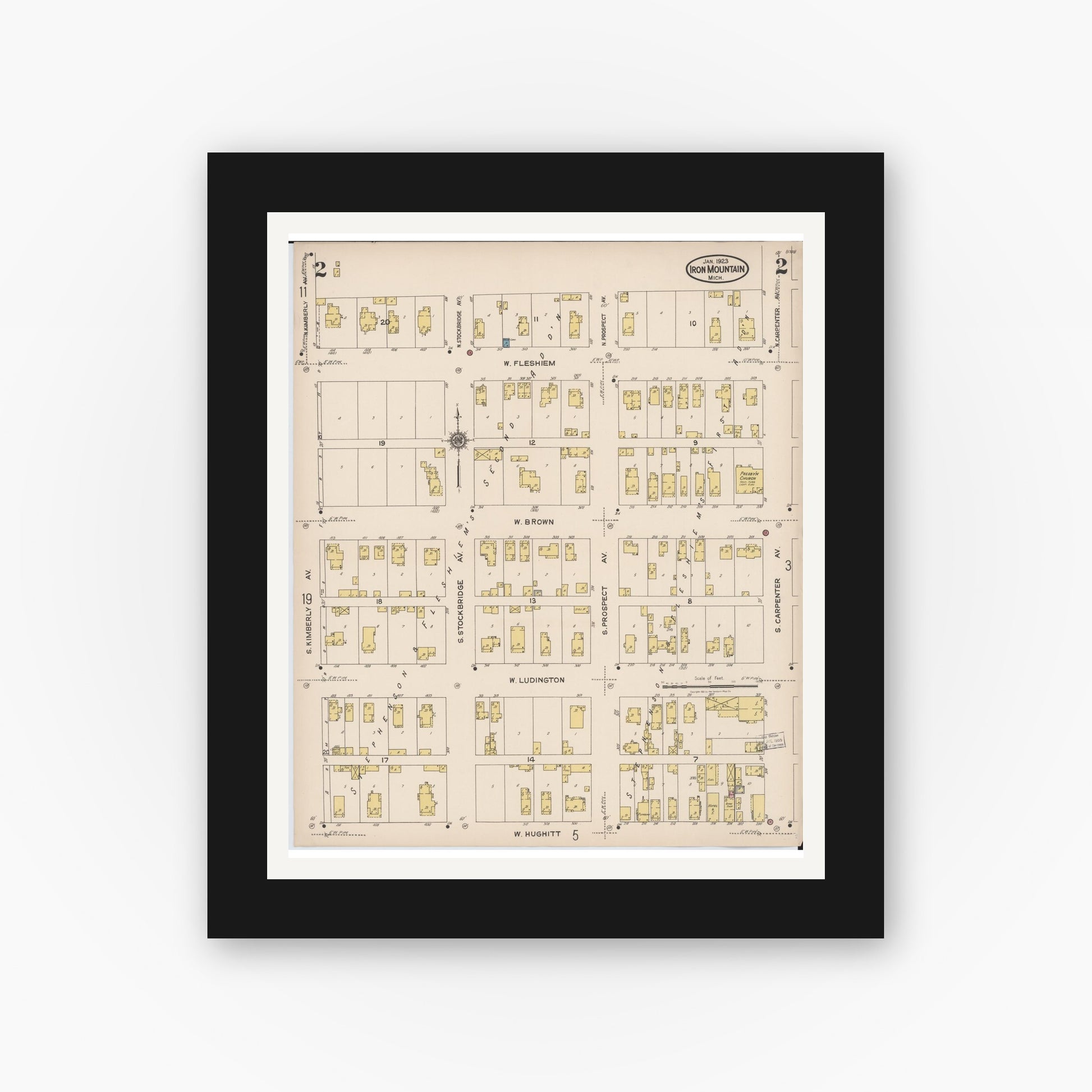 Old map wall art mockup — black gallery frame with white mat — Sanborn Fire Insurance Map from Iron Mountain, Dickinson County, Michigan (1923), Sheet #0002