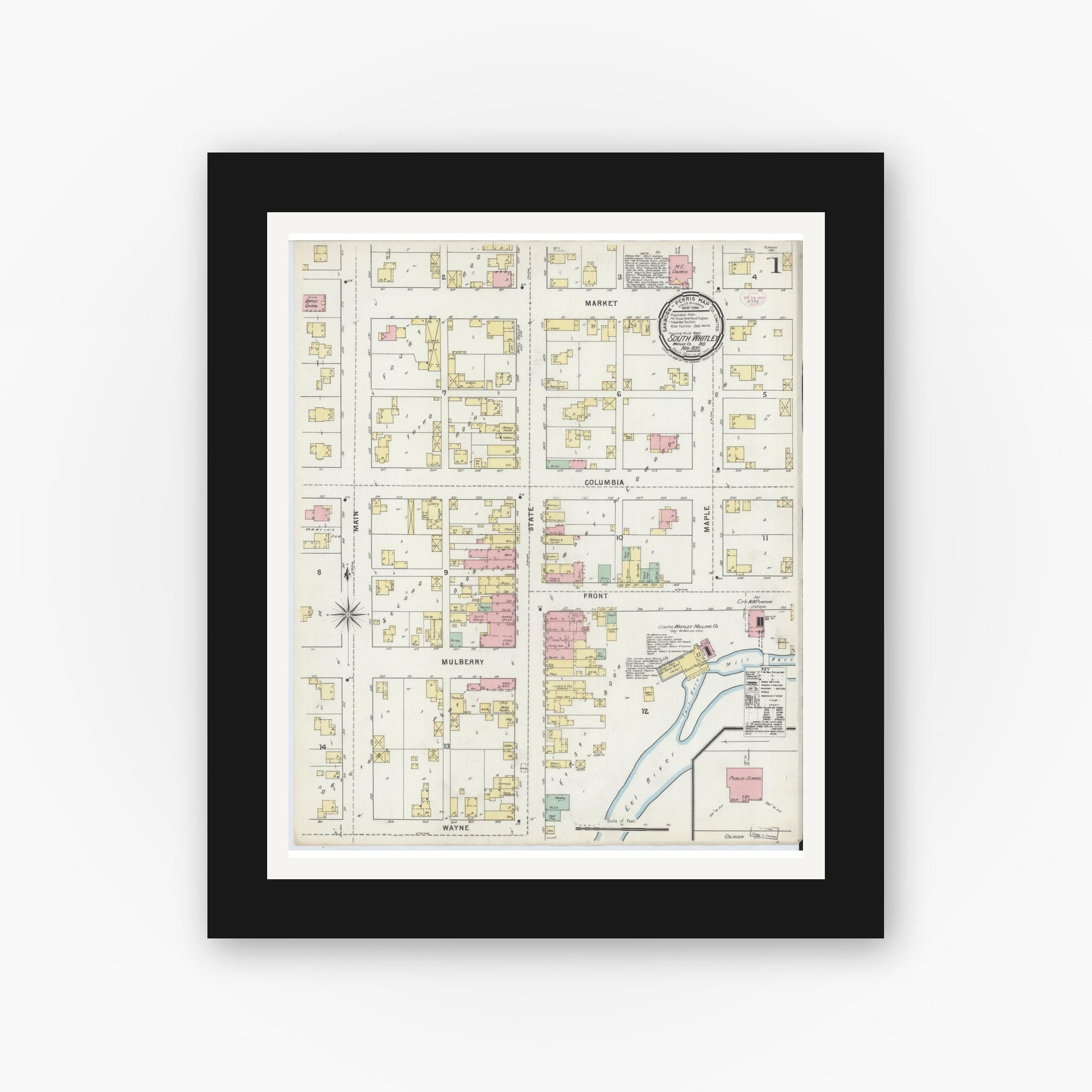 Old map wall art mockup — black gallery frame with white mat — Sanborn Fire Insurance Map from South Whitley, Whitley County, Indiana (1895) - Complete Map Set
