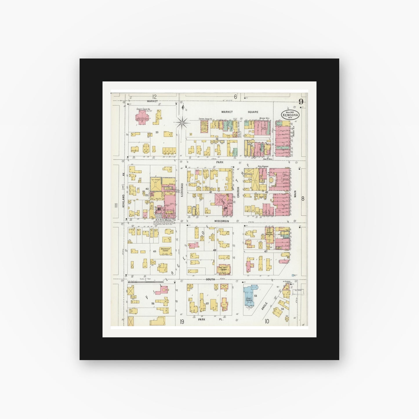 Old map wall art mockup — black gallery frame with white mat — Sanborn Fire Insurance Map from Kenosha, Kenosha County, Wisconsin (1900), Sheet #0009