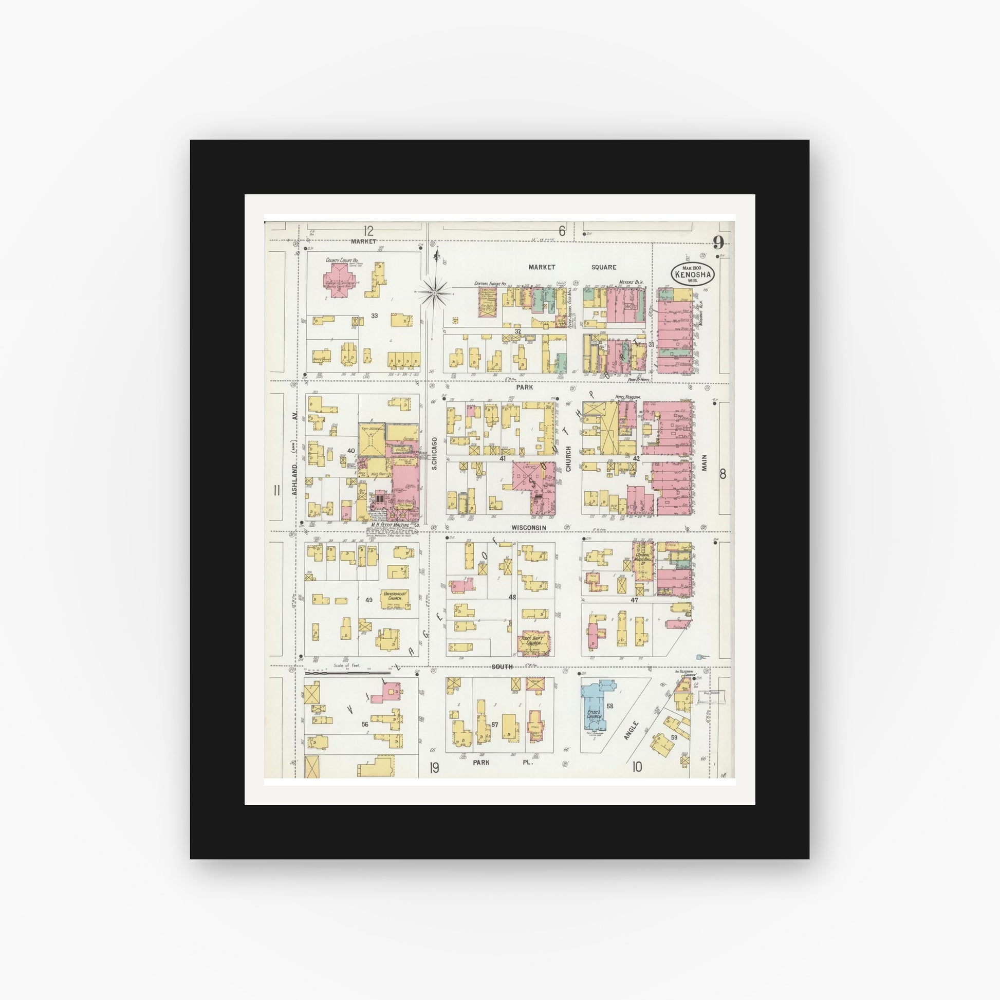 Old map wall art mockup — black gallery frame with white mat — Sanborn Fire Insurance Map from Kenosha, Kenosha County, Wisconsin (1900), Sheet #0009