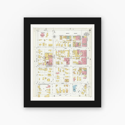 Old map wall art mockup — black gallery frame with white mat — Sanborn Fire Insurance Map from Kenosha, Kenosha County, Wisconsin (1900), Sheet #0009