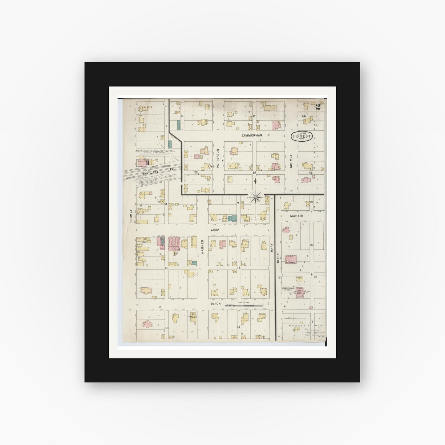 Old map wall art mockup — black gallery frame with white mat — Sanborn Fire Insurance Map from Forest, Hardin County, Ohio (1895), Sheet #0002
