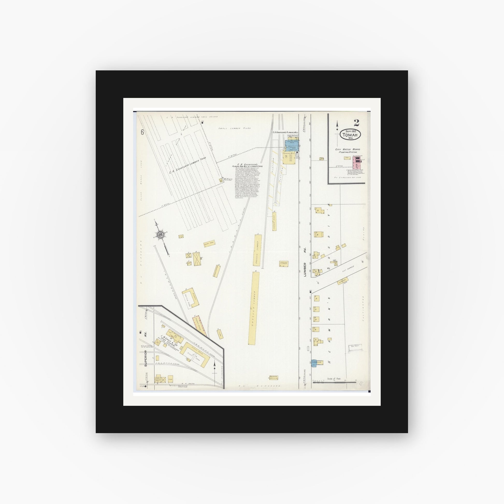 Old map wall art mockup — black gallery frame with white mat — Sanborn Fire Insurance Map from Tomah, Monroe County, Wisconsin (1912), Sheet #0002