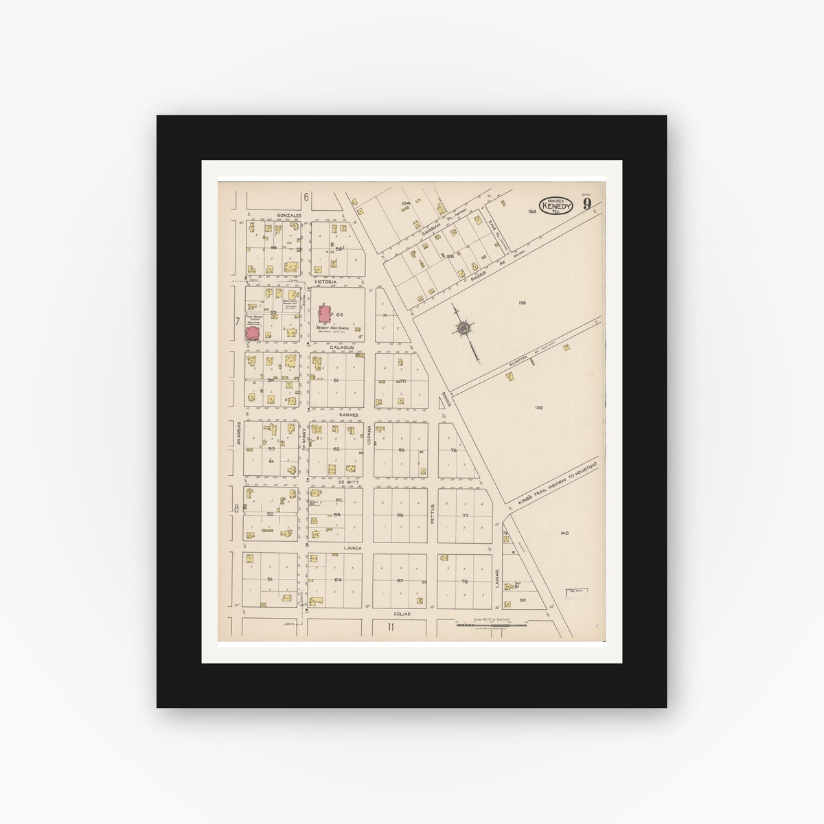Old map wall art mockup — black gallery frame with white mat — Sanborn Fire Insurance Map from Kenedy, Karnes County, Texas (1922), Sheet #0009