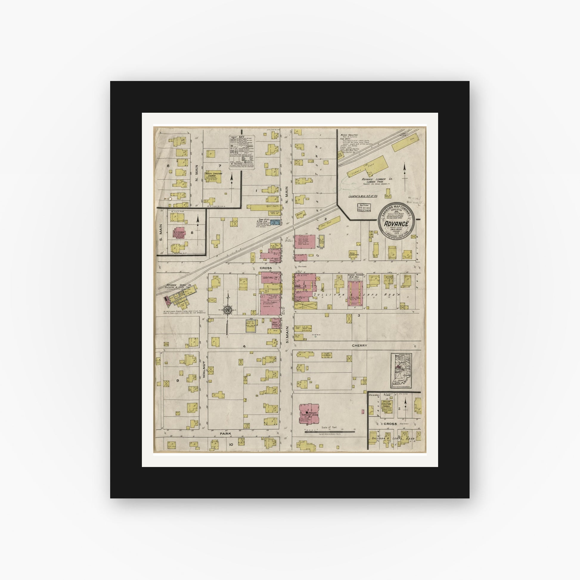Old map wall art mockup — black gallery frame with white mat — Sanborn Fire Insurance Map from Advance, Boone County, Indiana (1919) - Complete Map Set
