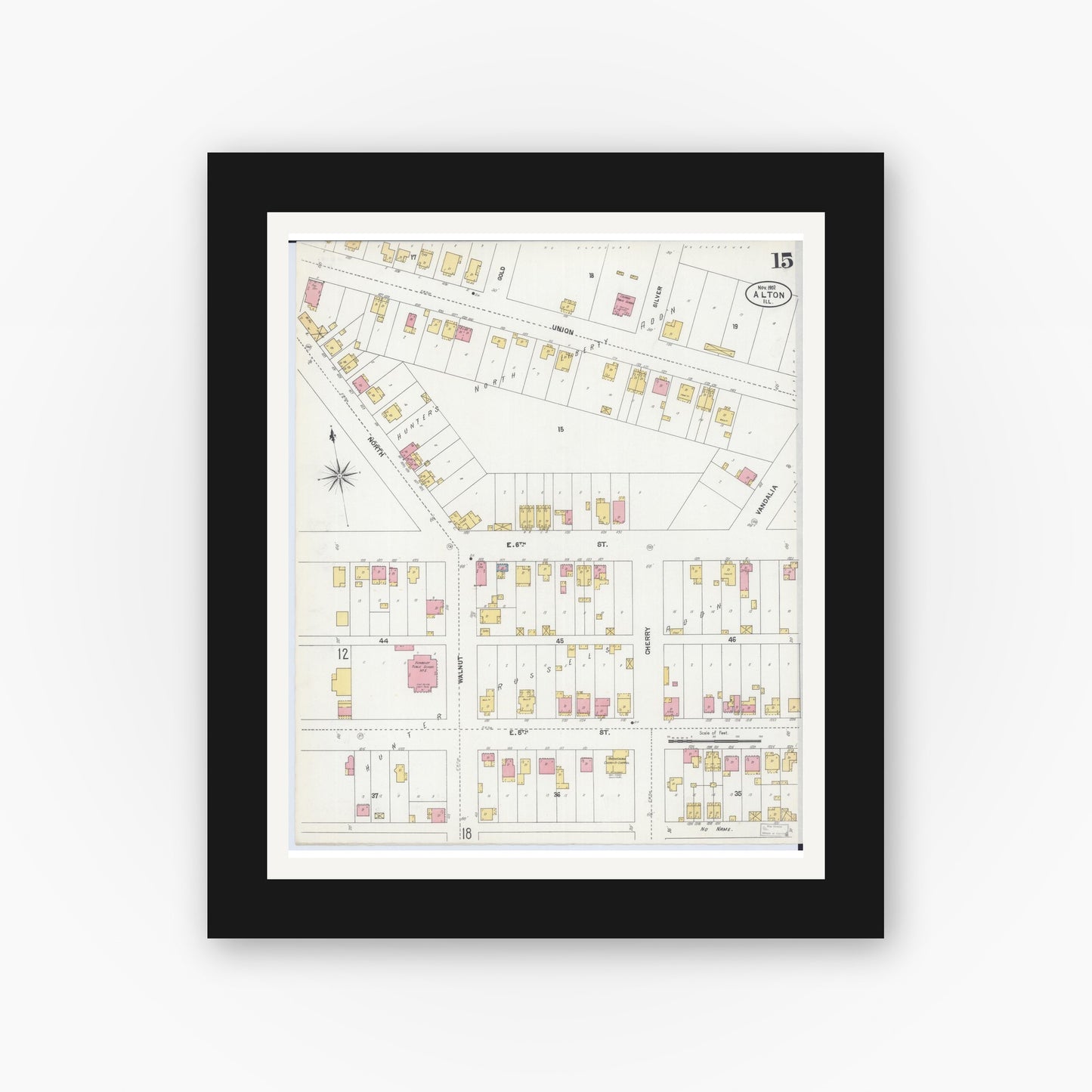 Old map wall art mockup — black gallery frame with white mat — Sanborn Fire Insurance Map from Alton, Madison County, Illinois (1902), Sheet #0015