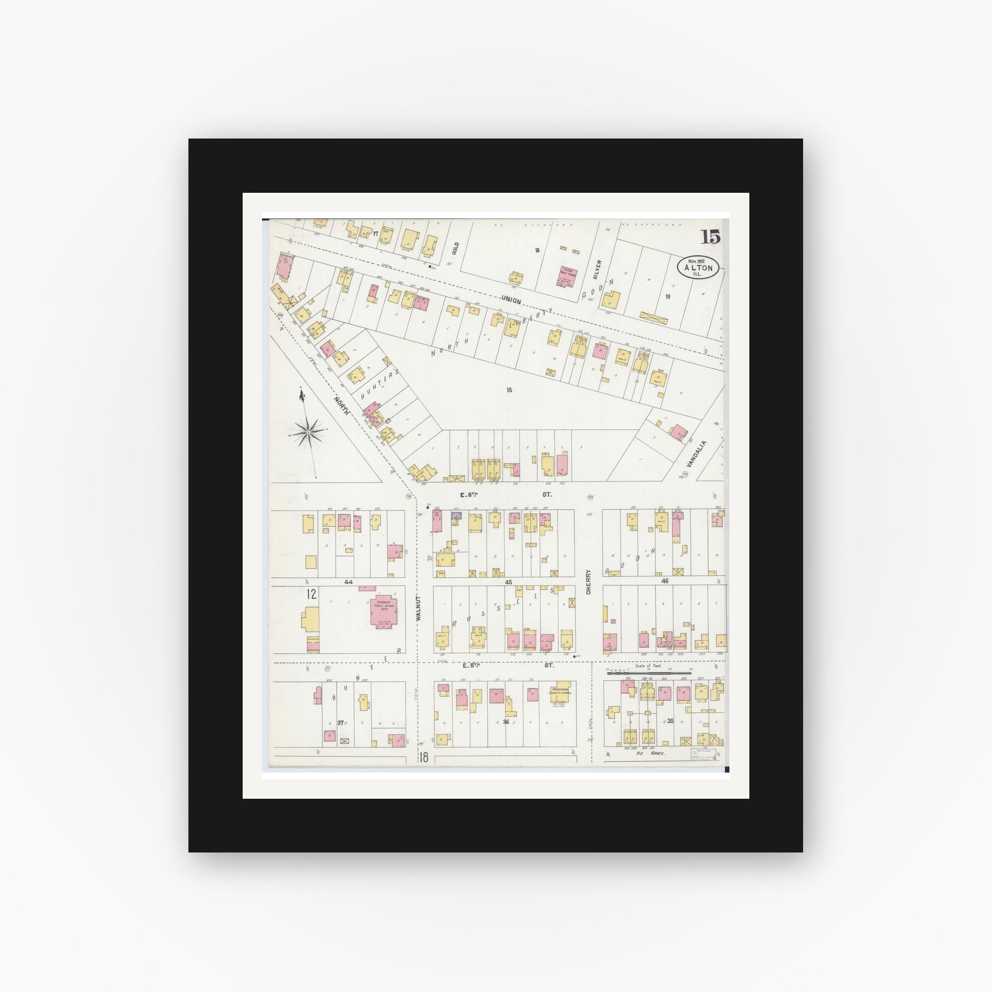 Old map wall art mockup — black gallery frame with white mat — Sanborn Fire Insurance Map from Alton, Madison County, Illinois (1902), Sheet #0015