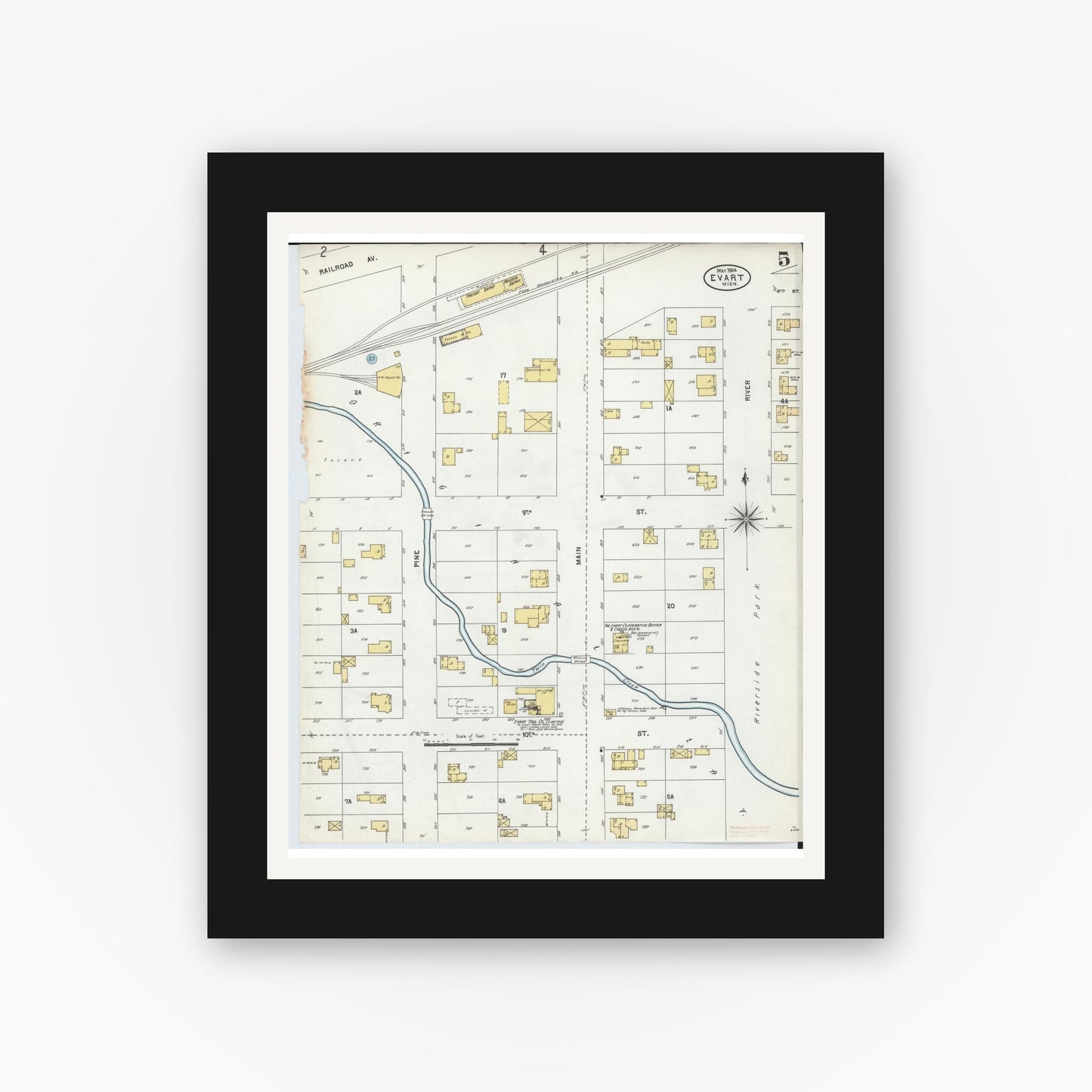 Old map wall art mockup — black gallery frame with white mat — Sanborn Fire Insurance Map from Evart, Osceola County, Michigan (1904), Sheet #0005