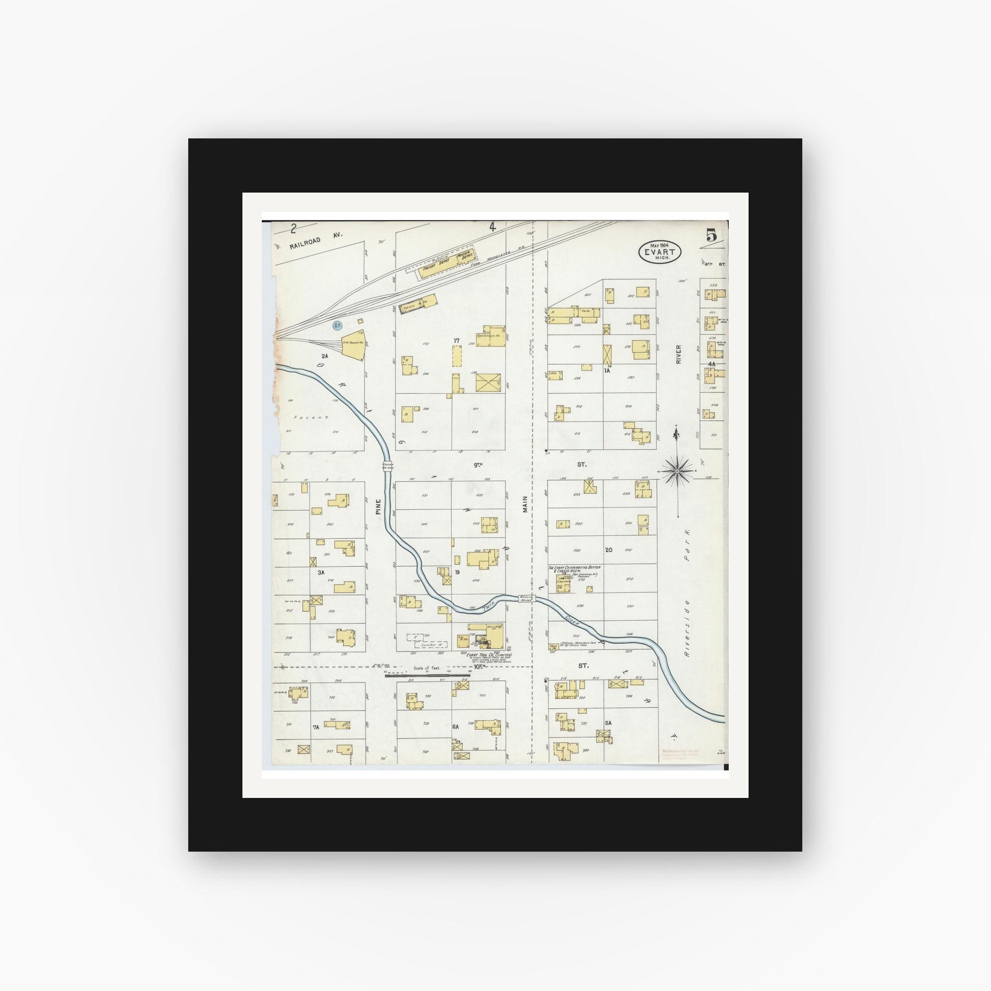 Old map wall art mockup — black gallery frame with white mat — Sanborn Fire Insurance Map from Evart, Osceola County, Michigan (1904), Sheet #0005