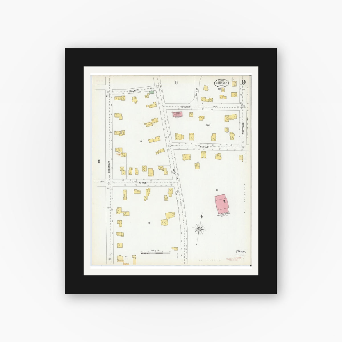 Old map wall art mockup — black gallery frame with white mat — Sanborn Fire Insurance Map from Gardner, Worcester County, Massachusetts (1900), Sheet #0009