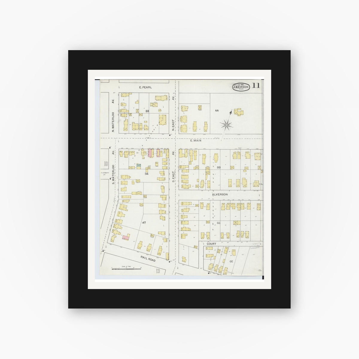 Old map wall art mockup — black gallery frame with white mat — Sanborn Fire Insurance Map from Jackson, Jackson County, Michigan (1893), Sheet #0011