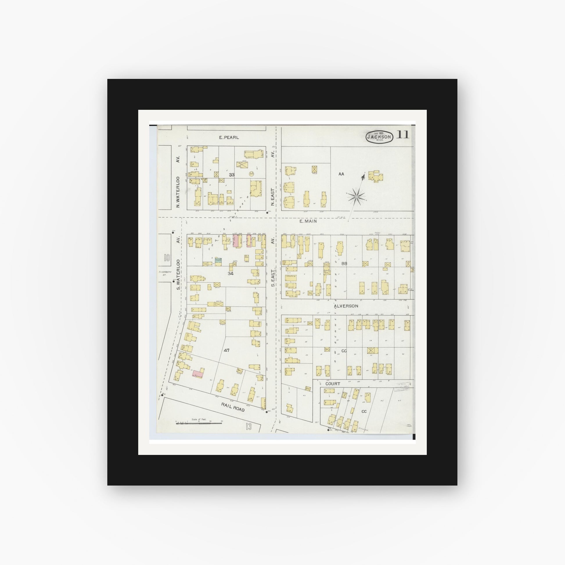 Old map wall art mockup — black gallery frame with white mat — Sanborn Fire Insurance Map from Jackson, Jackson County, Michigan (1893), Sheet #0011