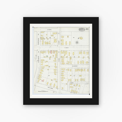 Old map wall art mockup — black gallery frame with white mat — Sanborn Fire Insurance Map from Jackson, Jackson County, Michigan (1893), Sheet #0011