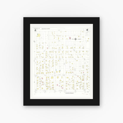 Old map wall art mockup — black gallery frame with white mat — Sanborn Fire Insurance Map from Webster City, Hamilton County, Iowa (1938), Sheet #0008