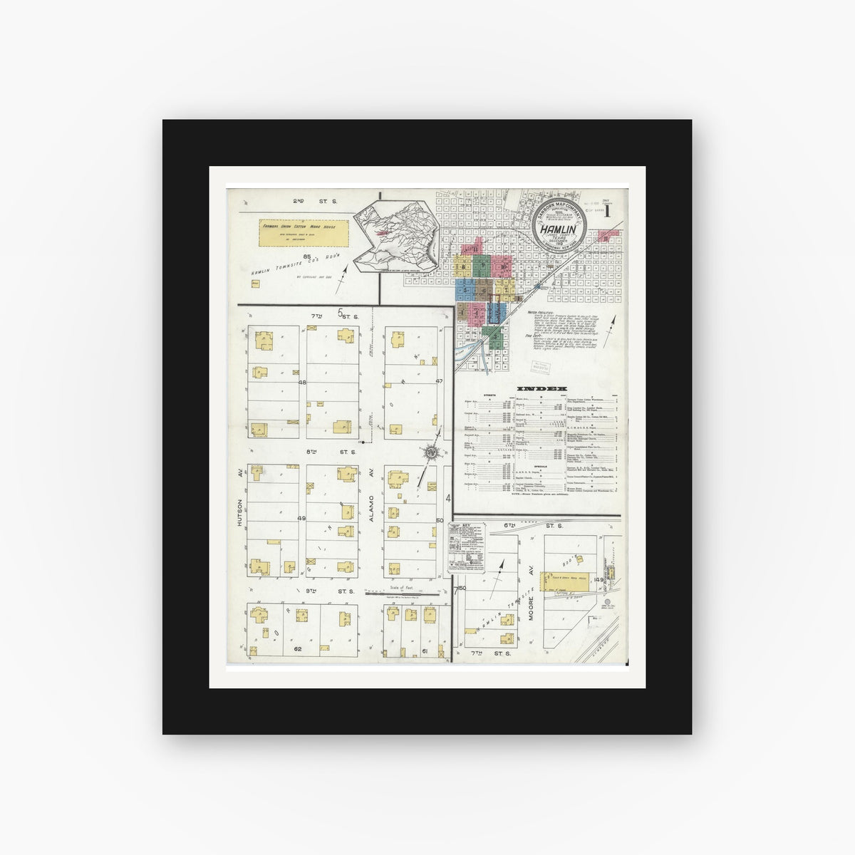 Old map wall art mockup — black gallery frame with white mat — Sanborn Fire Insurance Map from Hamlin, Jones County, Texas (1919), Sheet #0001
