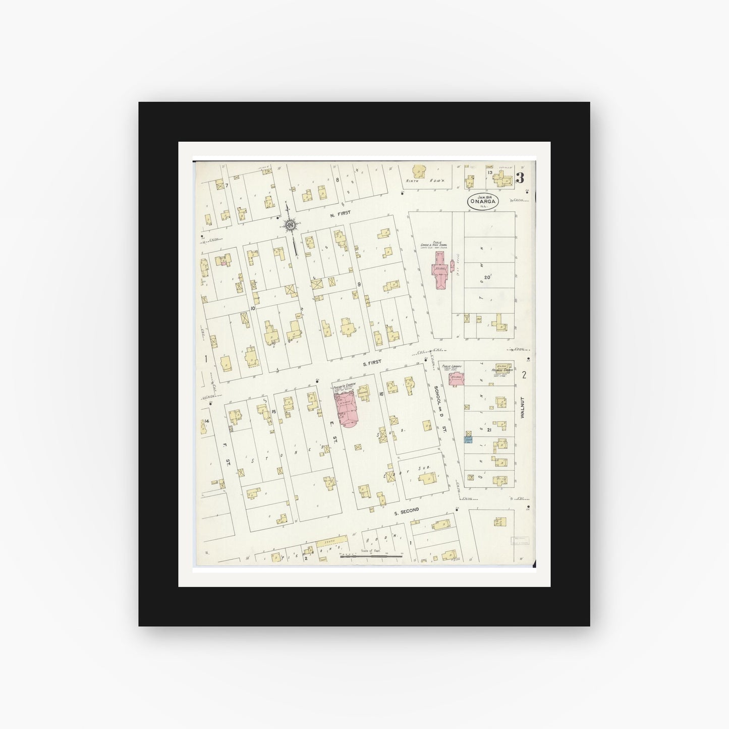 Old map wall art mockup — black gallery frame with white mat — Sanborn Fire Insurance Map from Onarga, Iroquois County, Illinois (1914), Sheet #0003