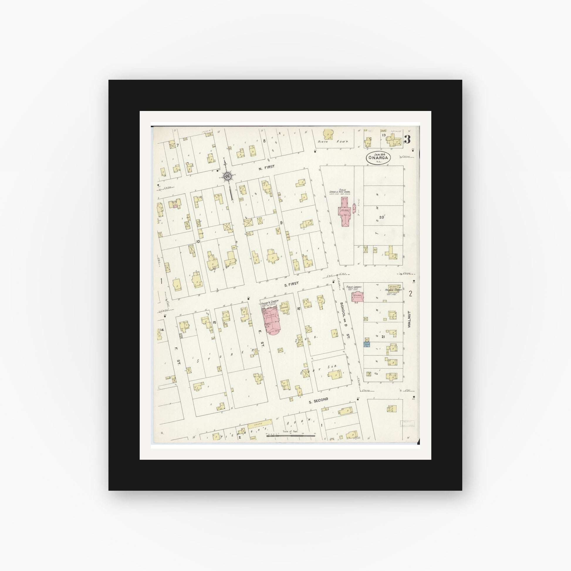 Old map wall art mockup — black gallery frame with white mat — Sanborn Fire Insurance Map from Onarga, Iroquois County, Illinois (1914), Sheet #0003