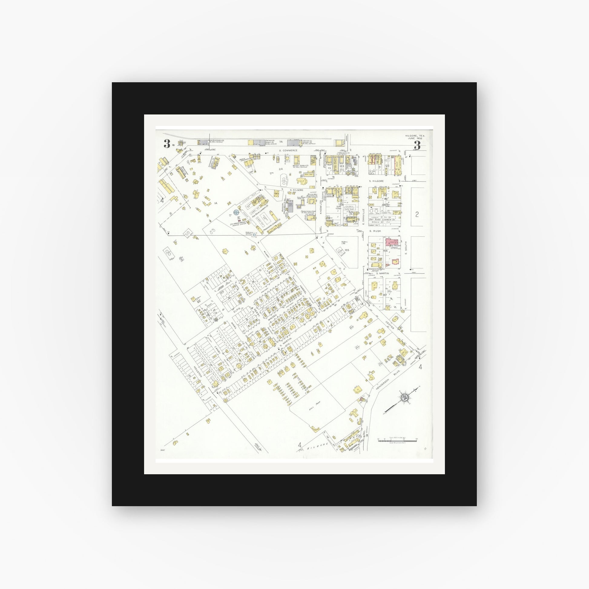 Old map wall art mockup — black gallery frame with white mat — Sanborn Fire Insurance Map from Kilgore, Gregg County, Texas (1932), Sheet #0003