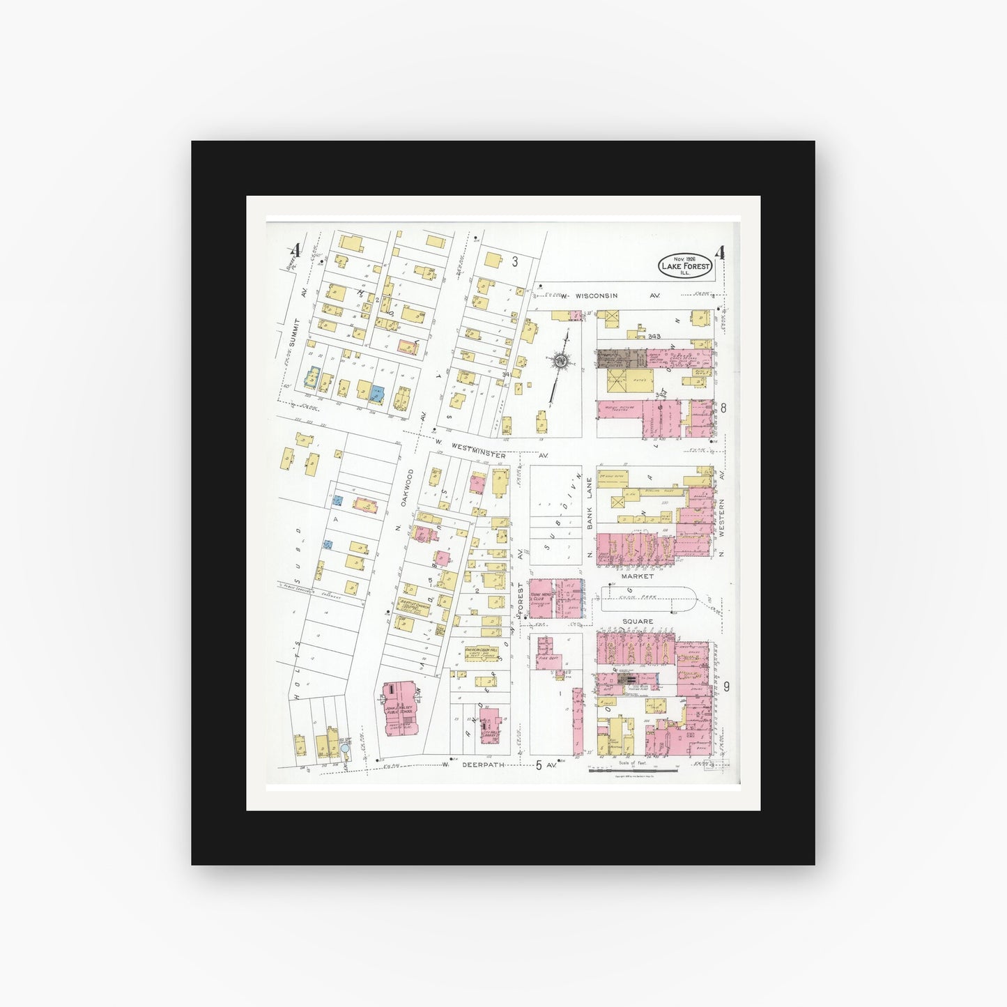 Old map wall art mockup — black gallery frame with white mat — Sanborn Fire Insurance Map from Lake Forest, Lake County, Illinois (1926), Sheet #0004