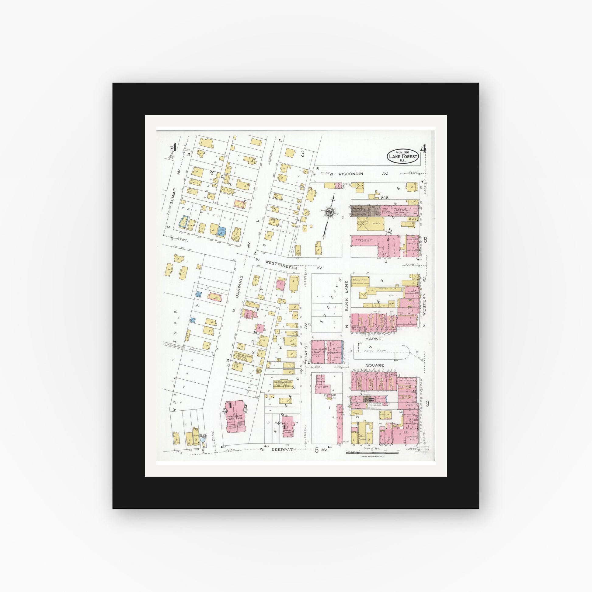Old map wall art mockup — black gallery frame with white mat — Sanborn Fire Insurance Map from Lake Forest, Lake County, Illinois (1926), Sheet #0004