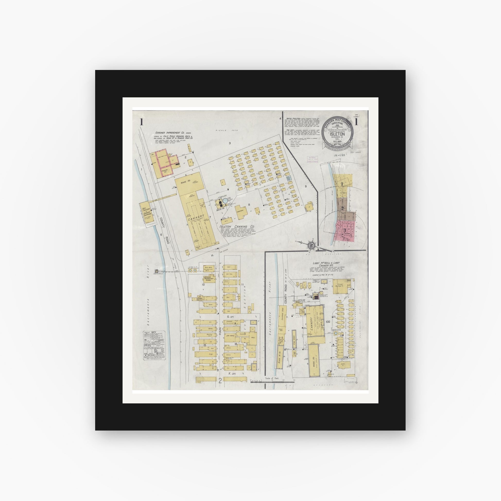 Old map wall art mockup — black gallery frame with white mat — Sanborn Fire Insurance Map from Isleton, Sacramento County, California (1925) - Complete Map Set