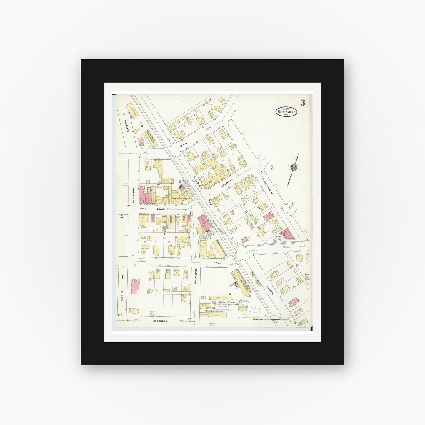 Old map wall art mockup — black gallery frame with white mat — Sanborn Fire Insurance Map from Brookville, Montgomery County, Ohio (1911), Sheet #0003