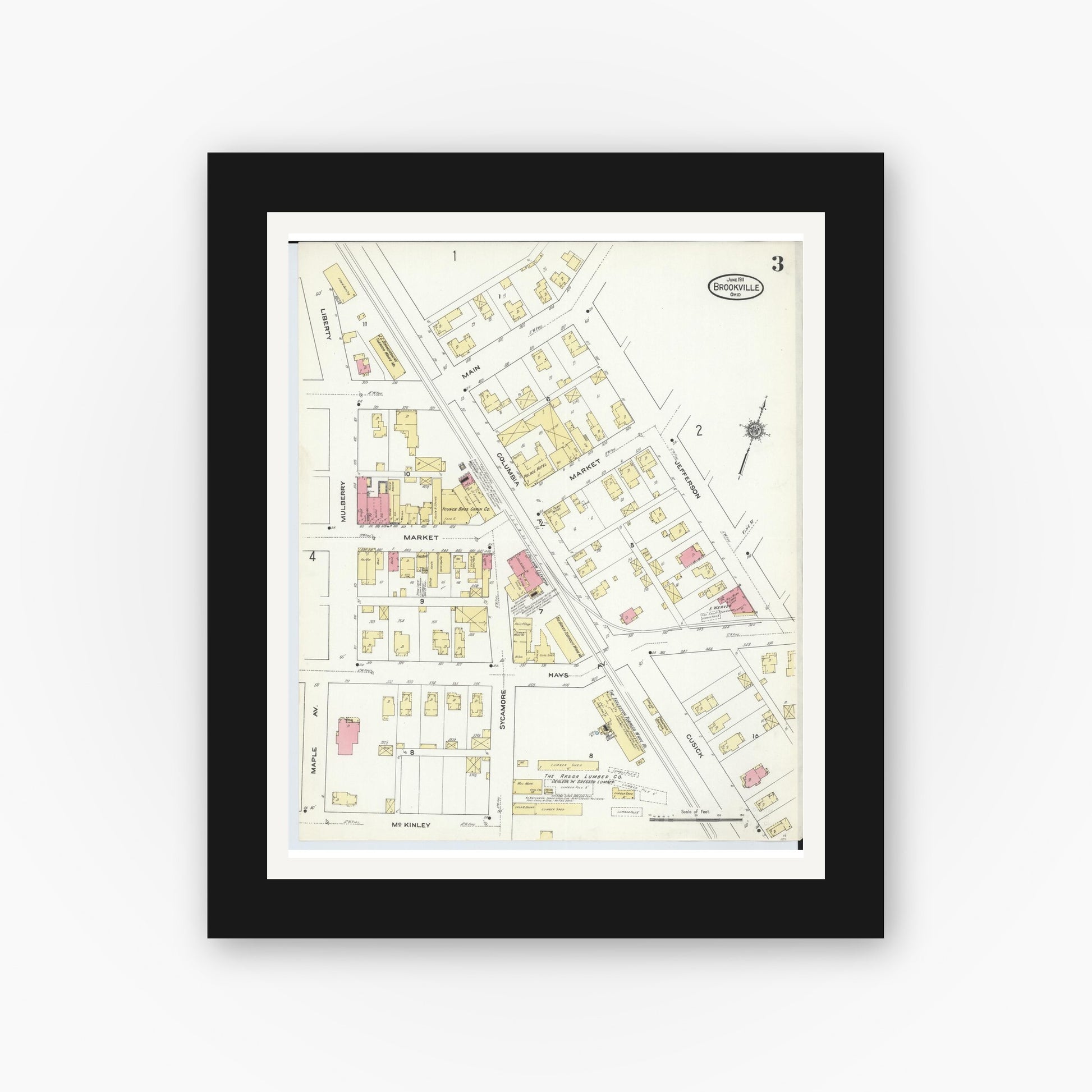 Old map wall art mockup — black gallery frame with white mat — Sanborn Fire Insurance Map from Brookville, Montgomery County, Ohio (1911), Sheet #0003