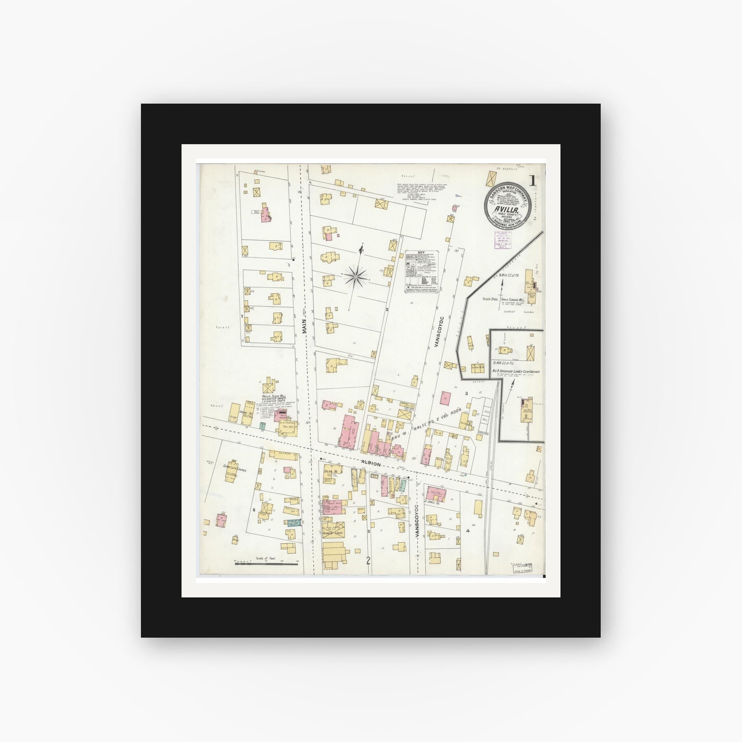 Old map wall art mockup — black gallery frame with white mat — Sanborn Fire Insurance Map from Avilla, Noble County, Indiana (1905), Sheet #0001