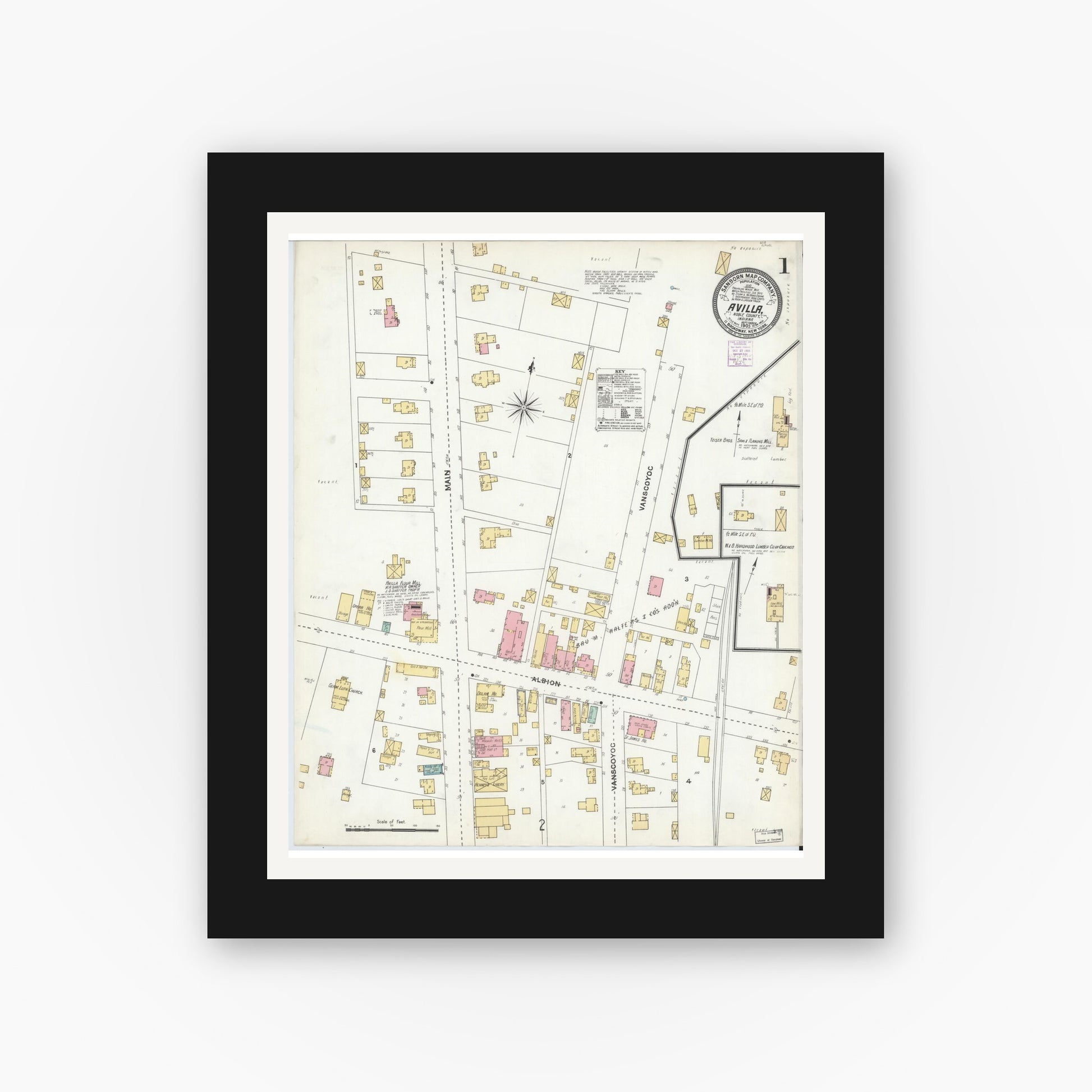 Old map wall art mockup — black gallery frame with white mat — Sanborn Fire Insurance Map from Avilla, Noble County, Indiana (1905), Sheet #0001