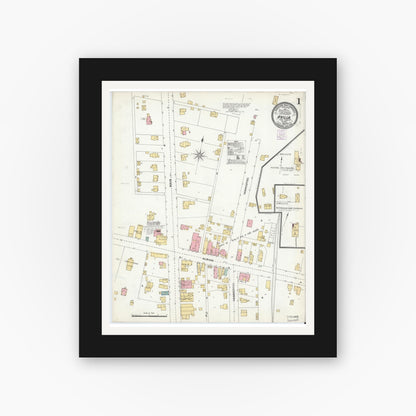 Old map wall art mockup — black gallery frame with white mat — Sanborn Fire Insurance Map from Avilla, Noble County, Indiana (1905), Sheet #0001