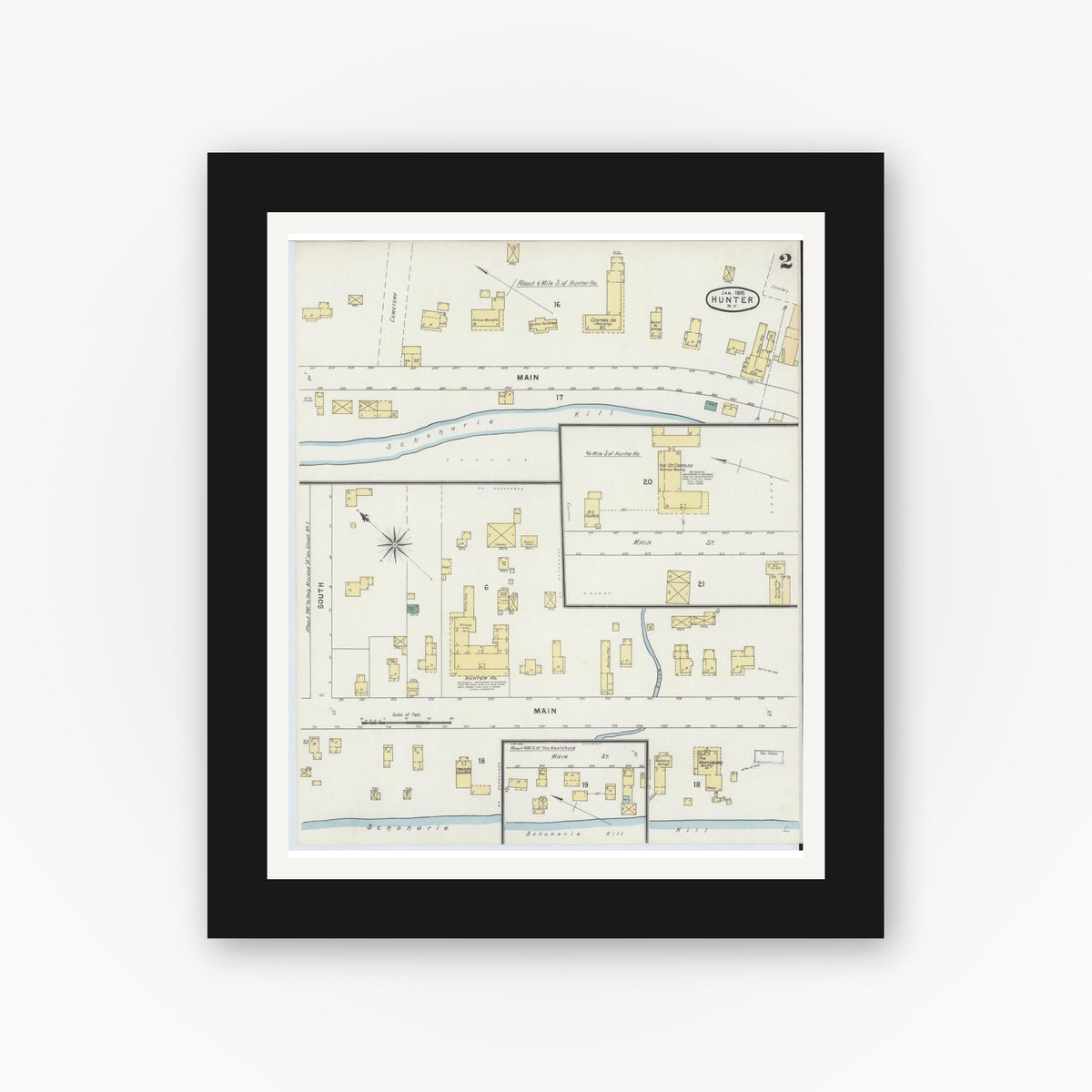 Old map wall art mockup — black gallery frame with white mat — Sanborn Fire Insurance Map from Hunter, Greene County, New York (1895), Sheet #0002