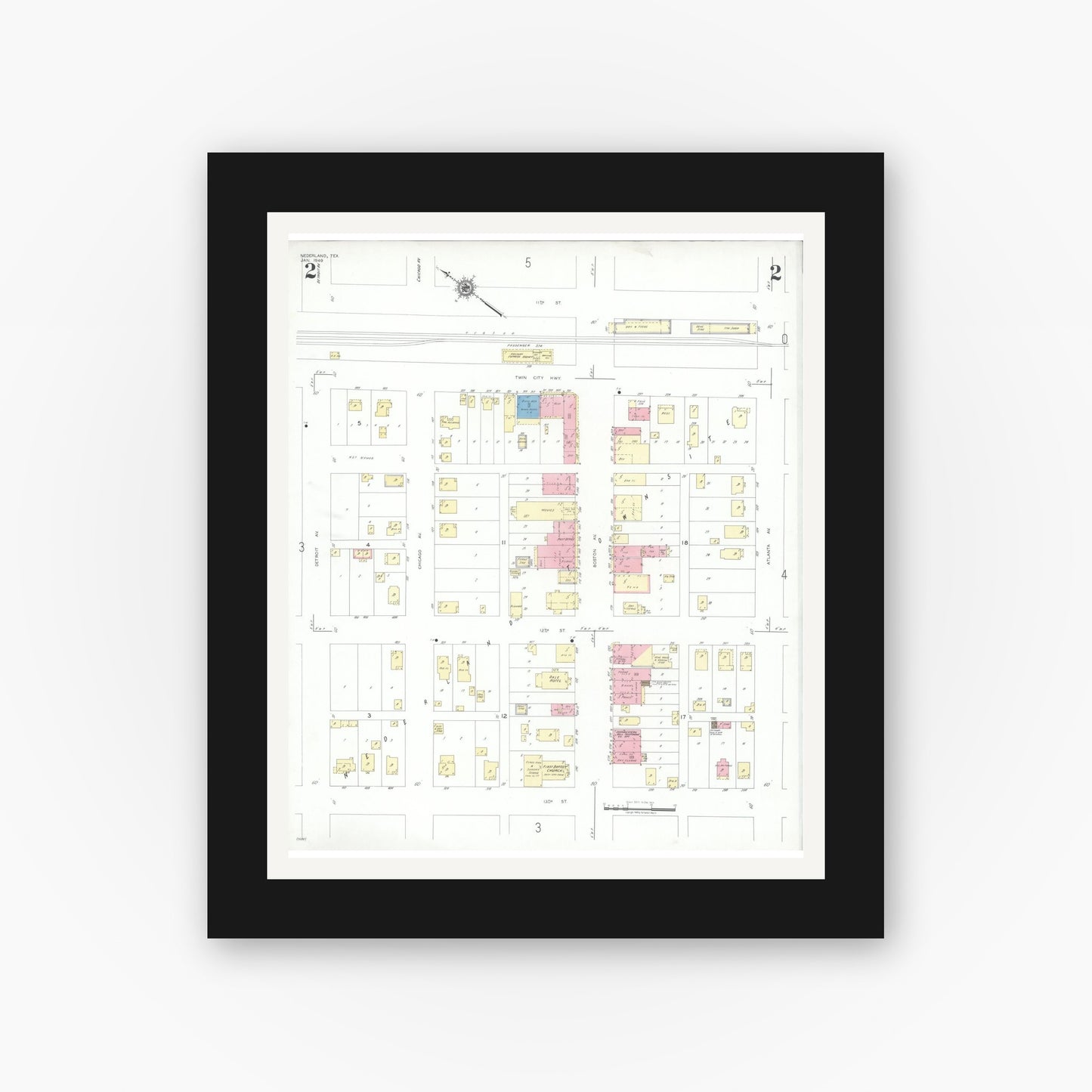 Old map wall art mockup — black gallery frame with white mat — Sanborn Fire Insurance Map from Nederland, Jefferson County, Texas (1949), Sheet #0002