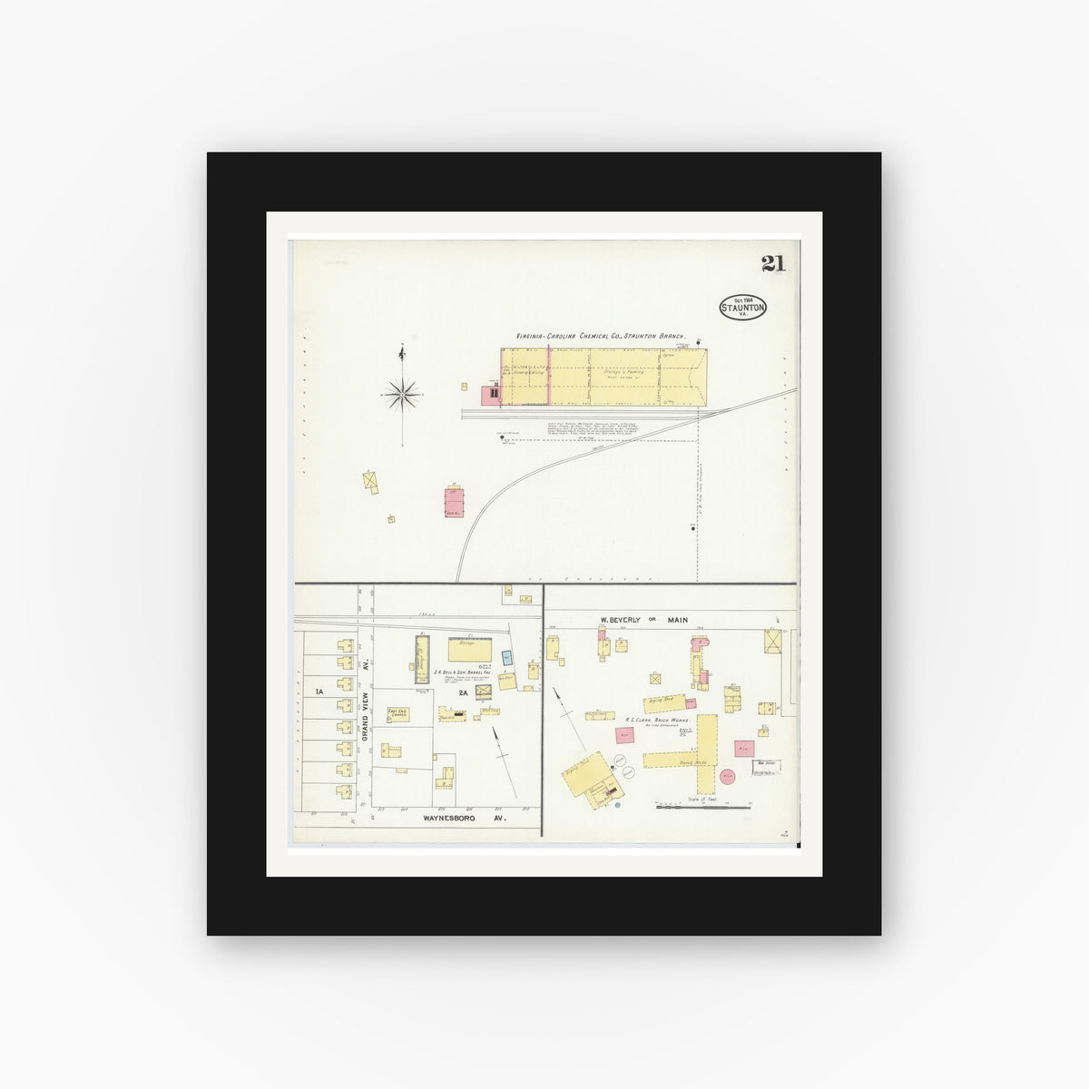 Old map wall art mockup — black gallery frame with white mat — Sanborn Fire Insurance Map from Staunton, Independent Cities, Virginia (1904), Sheet #0021