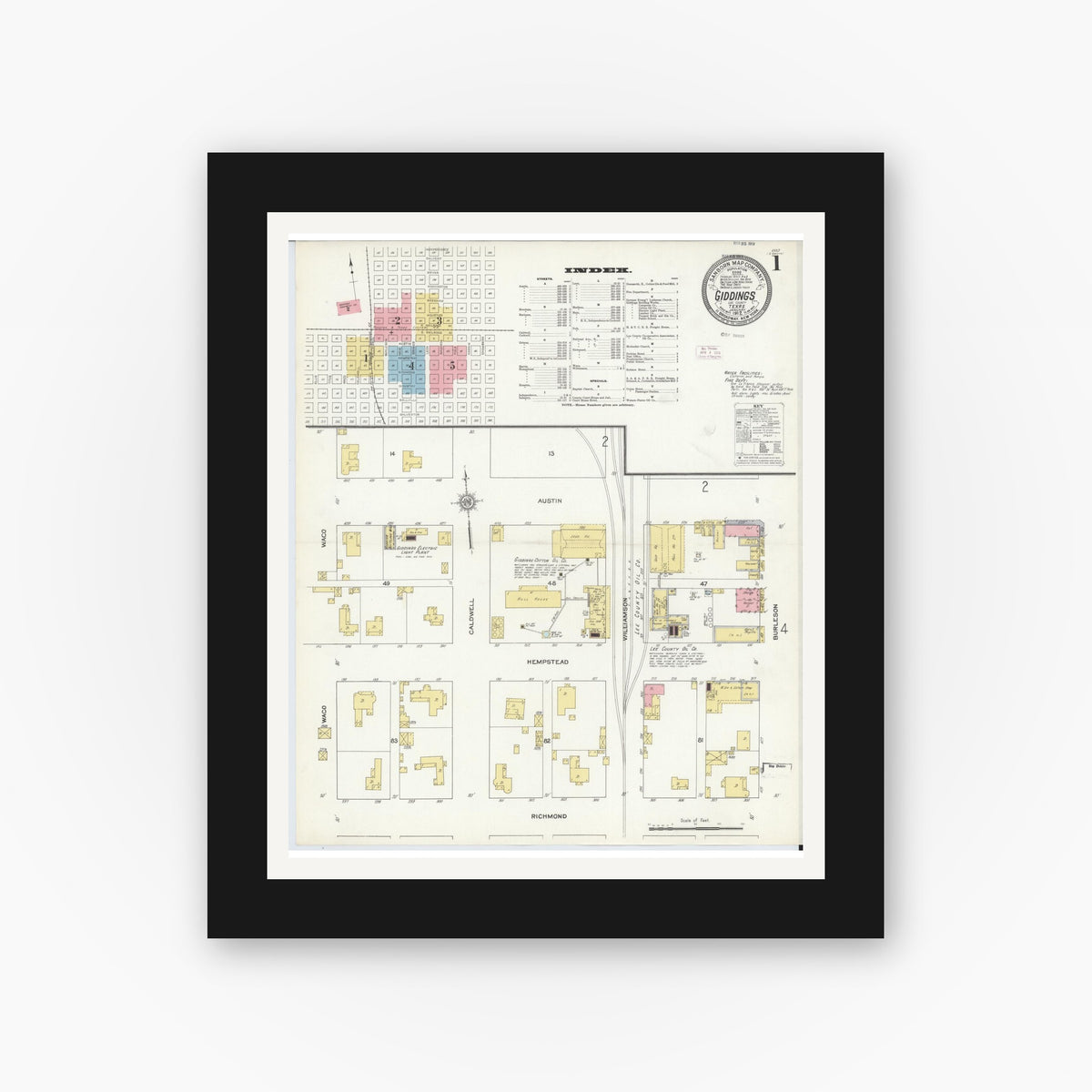 Old map wall art mockup — black gallery frame with white mat — Sanborn Fire Insurance Map from Giddings, Lee County, Texas (1912) - Complete Map Set