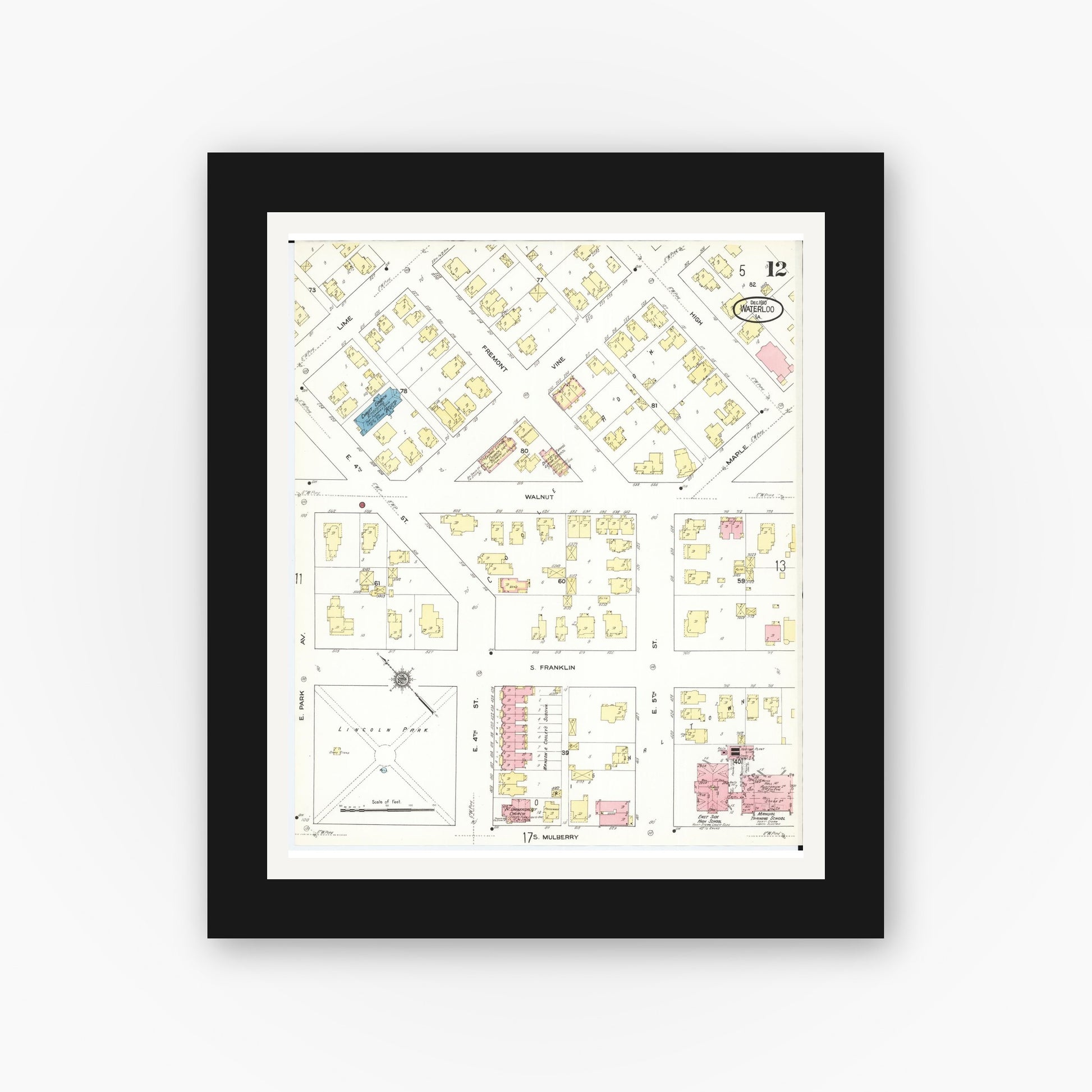 Old map wall art mockup — black gallery frame with white mat — Sanborn Fire Insurance Map from Waterloo, Black Hawk County, Iowa (1910), Sheet #0012