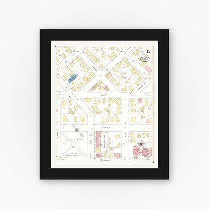 Old map wall art mockup — black gallery frame with white mat — Sanborn Fire Insurance Map from Waterloo, Black Hawk County, Iowa (1910), Sheet #0012
